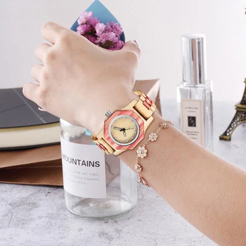 Vista 5 de Reloj de madera para mujer con correa de madera de cuarzo, analógico, colorido, relojes de madera de bambú para mujer, BS-WM01-MADERA