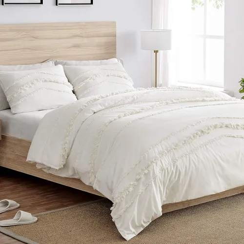 Vista 12 de Juego de ropa de cama de 2 piezas con borlas copetudas de macramé blanco y rosa bohemio, bohemio, elegante, tamaño individual/individual XL, funda