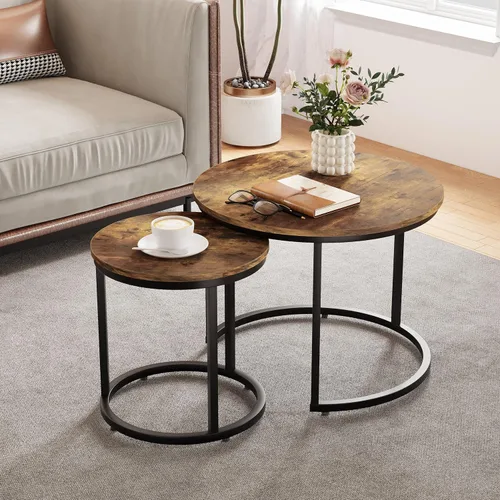 Vista 11 de Smuxee - Juego de 2 mesas de café anidadas, mesa redonda de café de 23.6" de madera marrón con pies antideslizantes ajustables, mesa auxiliar