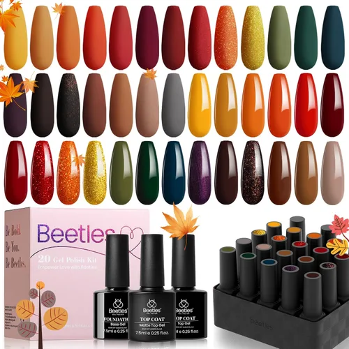 Vista 4 de beetles Gel Polish Juego de uñas de 21 colores Cozy Campfire Collection naranja, amarillo, verde, marrón, lámpara UV para remojar necesita base