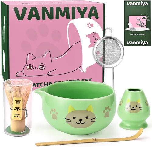 Juego de batidor de matcha, juego de 5 piezas de cerámica Matcha que incluye cuenco matcha, batidor de matcha y soporte, cuchara y tamiz de bambú,