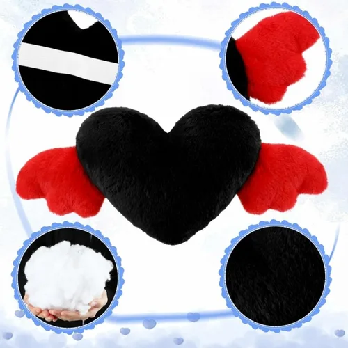 Vista 6 de Macarrie 2 almohadas de felpa en forma de corazón con alas de ángel para reposacabezas de automóvil, almohada de asiento suave y cómoda para Negro