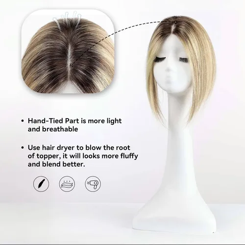 Vista 2 de HAIRCUBE Peluquines Ceniza Rubio para Mujeres de Cabello Humano Real, Extensiones de Cabello Humano 100% Remy de 3.5"*4" Atadas a Mano con Base