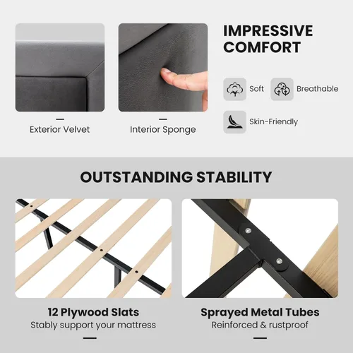 Vista 5 de Giantex Base de cama de terciopelo tamaño Queen con cabecero, moderna plataforma tapizada, base de colchón con 12 listones de madera fuertes,