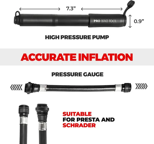 Vista 3 de Pro Bike Tool Mini Bike Pump - Compact and Portable Bicycle Tire Pump for Fast Inflation - Compatible with Presta and Schrader Valves - Lightweight