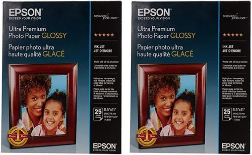 Epson Ultra Premium - Papel fotográfico brillante, carta, 8.5 x 11, 25 hojas (S042182), color blanco (paquete de 2)