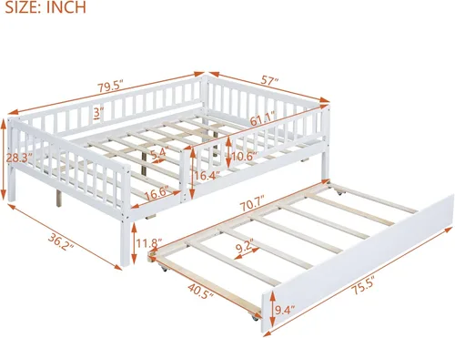 Vista 2 de P PURLOVE Sofá cama matrimonial con nido, marco de sofá cama con barandillas de valla, sofá cama de madera para niños, niñas y adolescentes jóvenes