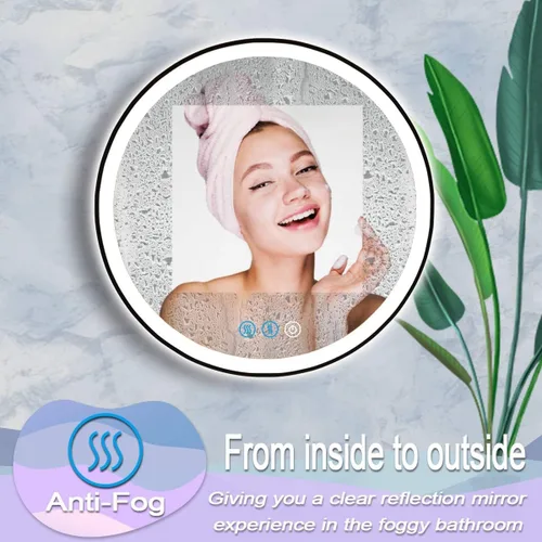 Vista 4 de Espejo de tocador iluminado redondo negro de 20 pulgadas con luces, marco negro, espejo LED redondo para pared de baño, 3 colores, brillo ajustable