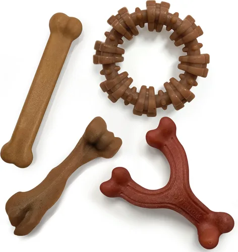 Vista 12 de Nylabone Paquete de 4 juguetes masticables fuertes para perros, hechos con tocino real, bisonte, venado, carne de res y pollo, huesos duraderos