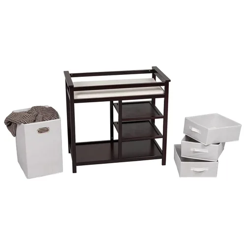 Vista 2 de Kinfant Cambiador de bebé muebles de bebé con cesta de lavandería 3 cestas de almacenamiento y almohadilla con cajones marrón