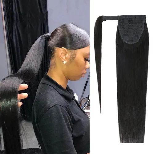 Vista 20 de Extensiones de cola de caballo de cabello humano lacio, color negro natural, pasta mágica envolvente, extensiones de cabello Remy 100% real