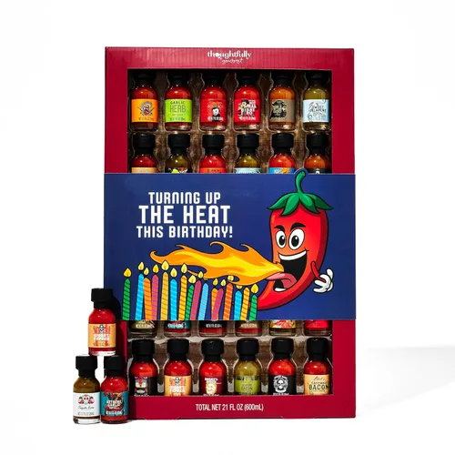 Thoughtfully Juego de regalo de muestra de salsa picante gourmet para cumpleaños, paquete de 30 con sabores como hierba de ajo y whisky de manzana,