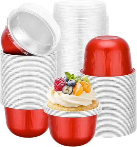 Vista 17 de Beasea Tazas de Ramekin de Aluminio con Tapa, 50 Unidades 6.1oz 180ml Mini Ramekins Desechables de Aluminio para Horno, Tazas Redondas para Cupcakes