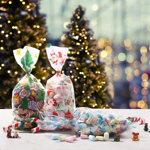 Vista 3 de XIMISHOP 120 bolsas de celofán de Navidad, bolsa de celofán transparente de Navidad con 150 lazos giratorios para recuerdos de fiesta de Navidad