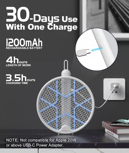 Vista 8 de Matamoscas eléctrico, raqueta plegable para exterminador de insectos, matamoscas electrónico de 3,500 voltios con atractor de luz púrpura