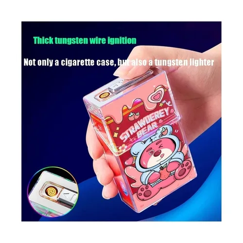 Vista 6 de Estuche transparente para cigarrillos con encendedor de dibujos animados con encendedor de cigarrillos integrado, resistente al viento, encendedor