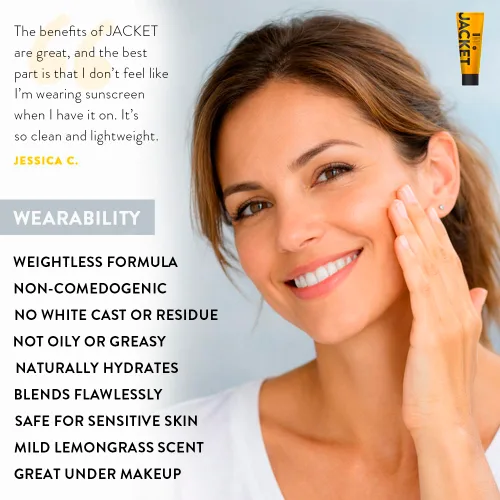 Vista 4 de JACKET Protector solar SPF 50+ Protector solar mineral con vitamina C Resistente al agua 80 minutos, natural, seguro para arrecifes Protección
