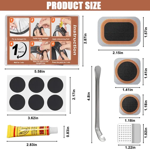 Vista 7 de Kit de reparación de neumáticos de bicicleta, parches de vulcanización, escobilla de metal, kit de parches de tubo plano interior para bicicleta