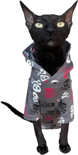 Vista 5 de Kotomoda Sudadera con capucha de gato en gris 100% algodón para gatos Sphynx y desnudos (pequeño)