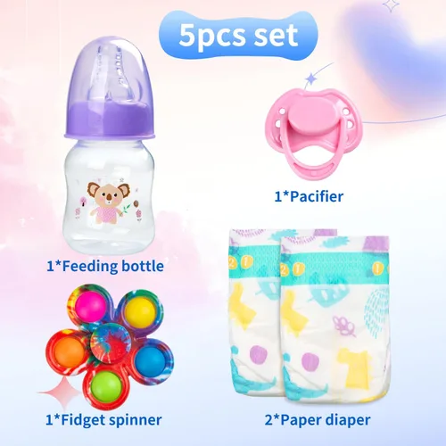 Vista 2 de Muñecas de bebé Reborn Biberones, chupetes y pañales y Fidget Spinner Accesorios para muñecas de bebé, juego de 5 piezas para muñecas de bebé recién