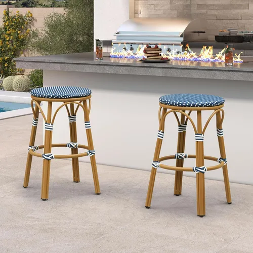 Vista 46 de PURPLE LEAF Patio French Round 26" Counter Stool Set of 2 Large Rattan Backless Stackable Barstools Bamboo Print Aluminum Frame Footrest with Woven