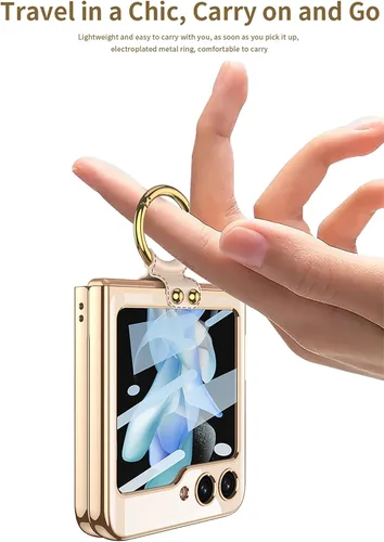Vista 3 de SHIEID Z Flip 5 - Funda con soporte de anillo, borde galvanizado para Galaxy Z Flip 5, funda protectora delgada con protector de pantalla integrado