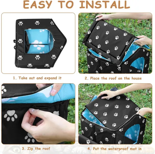 Vista 3 de 2 casas para gatos al aire libre y salvaje, refugio resistente a la intemperie con 4 estacas de tienda, 2 casas plegables con estampado de patas