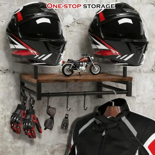 Vista 3 de Soporte de pared para casco de motocicleta, estante de almacenamiento de engranajes con 4 clips para guantes, soporte de casco de madera y metal