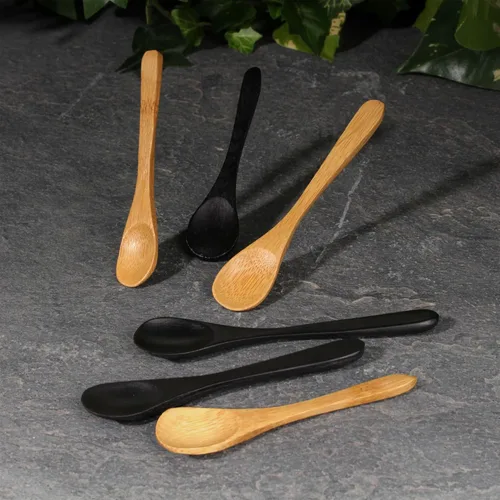 Vista 5 de BambooMN Cucharas de bambú para servir, mini cuchara de azúcar con sal, pequeñas cucharas de madera para especias, ovalada negra de 3.5 pulgadas, 10