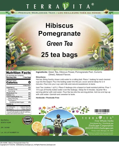 Vista 2 de Té verde de granada de hibisco (25 bolsitas de té, ZIN: 543496)
