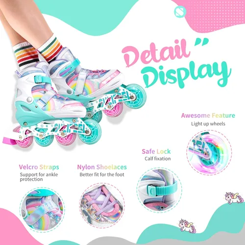 Vista 6 de SULIFEEL Rainbow Unicorn - Patines de ruedas y patines en línea ajustables de 4 tamaños