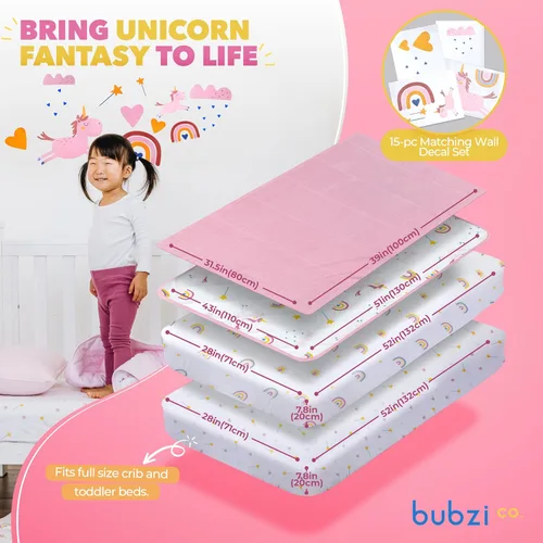Vista 5 de Bubzi Co Juego de ropa de cama de cuna para niñas, 5 piezas, incluye 2 sábanas para cuna, edredón de algodón, manta de bebé y juego de calcomanías