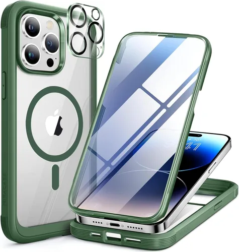 Vista 81 de Miracase Funda magnética para iPhone 14 de 6.1 pulgadas, protector de pantalla de vidrio templado integrado + protector de lente, compatible