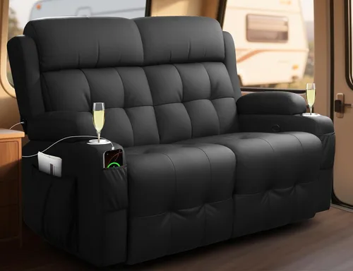 Vista 21 de Sofá reclinable para autocaravana, sillón reclinable de gran tamaño de 3 plazas con respaldo central abatible, cajones y portavasos, cama