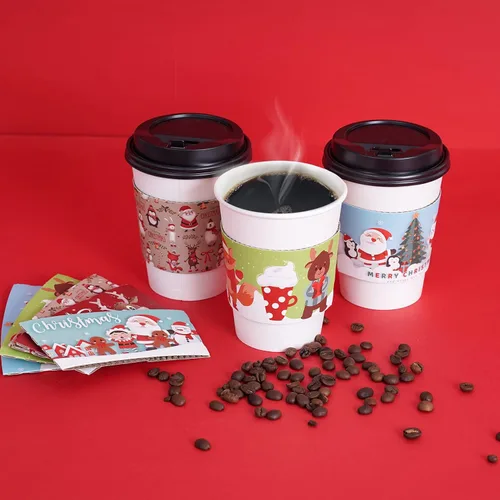 Vista 5 de Fundas navideñas para tazas de café, 120 unidades, chocolate caliente, cacao, fundas de papel para tazas de papel, doble capa protectora, bebidas
