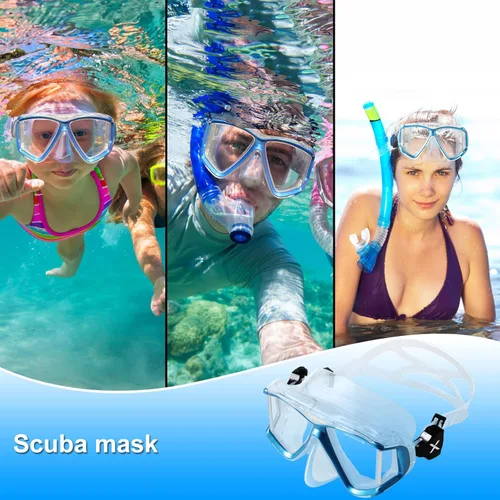 Vista 4 de Máscara de buceo panorámica de 4 lentes, máscara de buceo de vidrio templado con cubierta para la nariz, equipo de gafas de esnórquel antiniebla