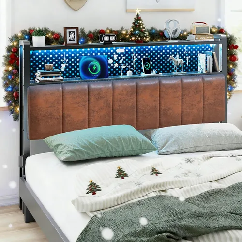 Vista 24 de VINGLI Cabecera de tamaño Queen con almacenamiento y LED, cabecera tapizada ajustable con estantes de 3 niveles y tablero de clavijas, cabecera