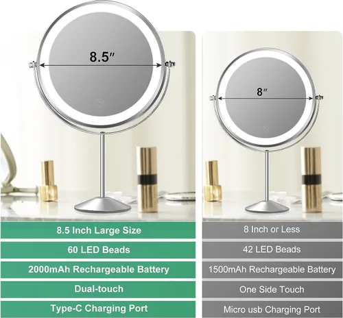 Vista 6 de Espejo de maquillaje iluminado con aumento, recargable de 8 pulgadas, 1 x 10 luces de tocador con aumento, doble cara giratoria de 360°, regulable