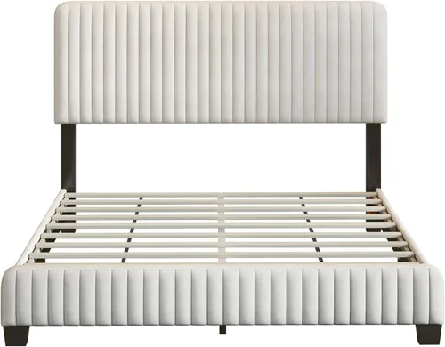 Vista 4 de Elegante cama con plataforma tapizada de terciopelo de tamaño Queen con cabecero, para niños, niñas y adolescentes (beige @cabecero/, Queen)