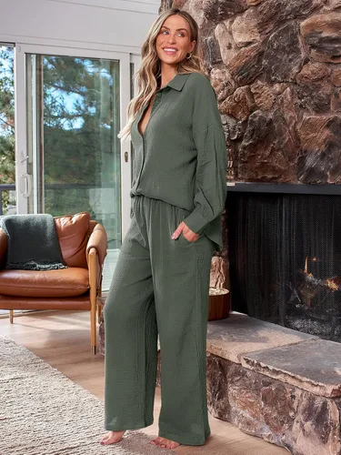 Vista 3 de AUTOMET Ropa de primavera de 2 piezas para mujer, trajes de moda de dos piezas a juego con pantalones palazzo de pierna ancha a juego