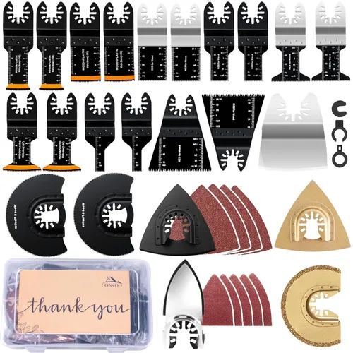 CONNOO Paquete de 86 hojas de sierra oscilante con estuche, hojas multiherramienta de borde arqueado, hoja de herramienta oscilante, bimetálica para