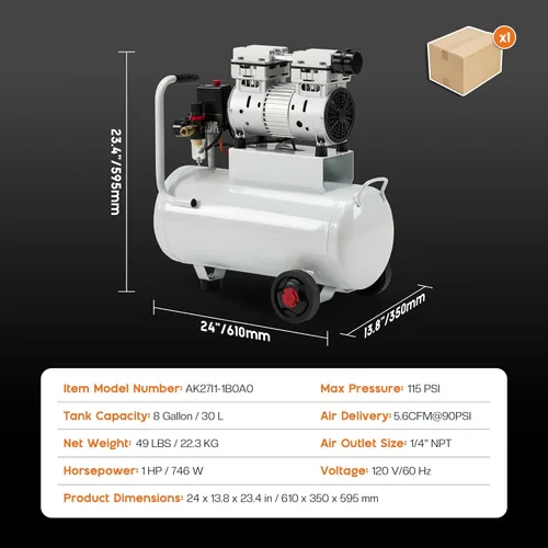 Vista 2 de Albott Compresor de aire de 8 galones con válvula de drenaje automática, tanque de compresor de aire sin aceite de 1.0 HP con ruedas, nivel de ruido