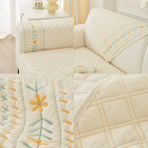 Vista 6 de vctops Funda acolchada de algodón para sofá, funda de sofá modular con bordado floral de granja, antideslizante, lavable, protector de muebles