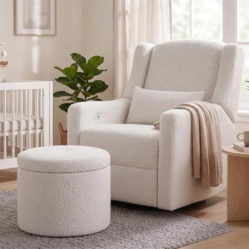 Vista 10 de Mecedora reclinable giratoria eléctrica, gran comodidad, para guardería, color crema Mecedora suave con almohada lumbar y puerto de carga USB