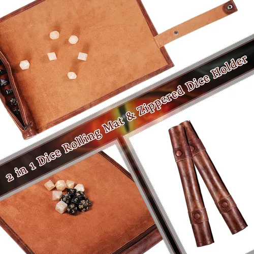 Vista 4 de Civaner Bandeja de dados plegable para rodar, soporte de cuero para dados, caja de almacenamiento compatible con mesa DND RPG (marrón, 2 piezas)
