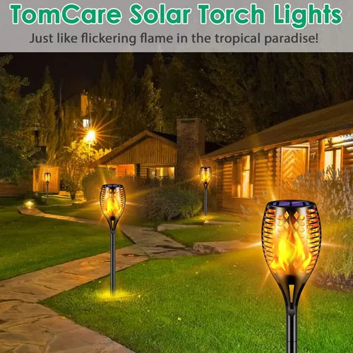 Vista 5 de Luces solares TomCare, Antorchas de llama intermitente resistentes al agua, Iluminación de decoración externa, seguras con apagado/encendido Negro