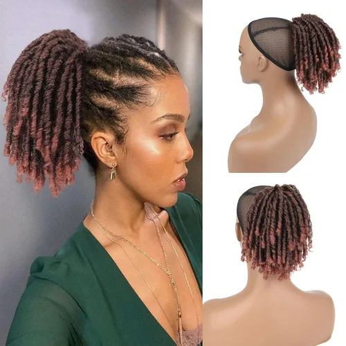 Vista 11 de SCENTW Extensiones de cola de caballo de rastas para mujer, cola de caballo con cordón negro con extremos rizados, rastas sintéticas de diosa
