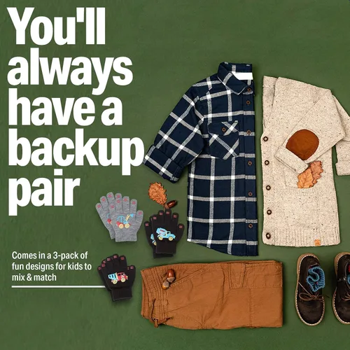 Vista 6 de 3 Pack - Magic Stretch Winter Kids Gloves for Boys, Kid & Children, Toddler - Dino, Camo, Trucks