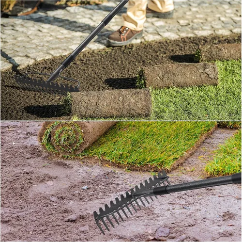 Vista 7 de Rastrillo de jardín resistente de 63 pulgadas con mango de acero inoxidable, rastrillo de cabeza de metal para aflojar el suelo, recoger la tierra