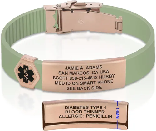 Vista 19 de Divoti Pulsera de identificación de alerta médica grabada personalizada, grabado láser de doble cara (hasta 9 líneas), pulsera de silicona ajustable